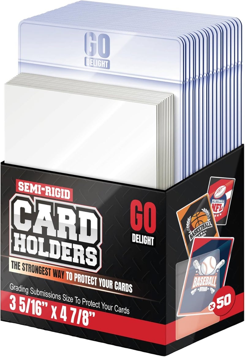 GO DELIGHT Semi Rigid Card Holders for PSA, SGC, BGS, CSG Grading – 100 Bundle - Baseball Card Sleeves - 50 Card Holders for Trading Cards + 50 Soft Sleeves – 3-5/16” x 4-7/8” with 1/2” Lip - Image 1